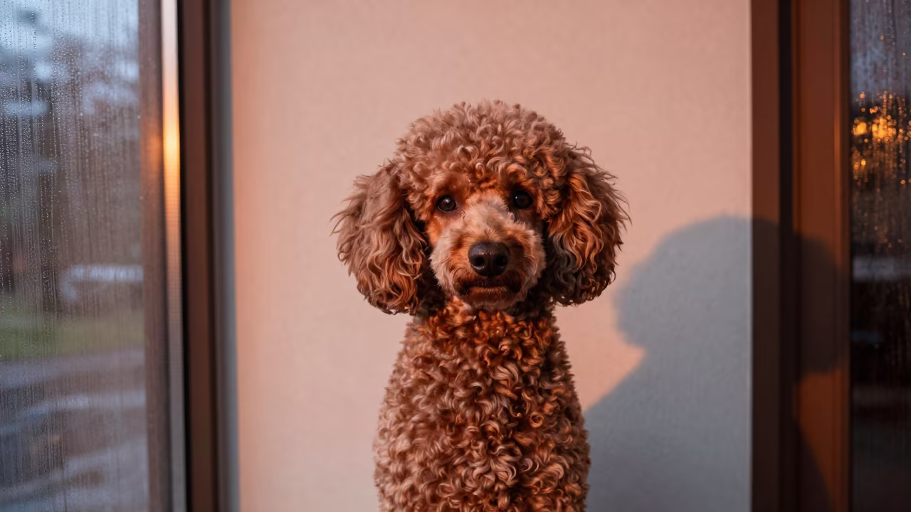 Poodle Portrait in Copper Dusk Light Beside Plaster in beside a plain plaster wall in soft indoor light with the animal centered in frame near Bo