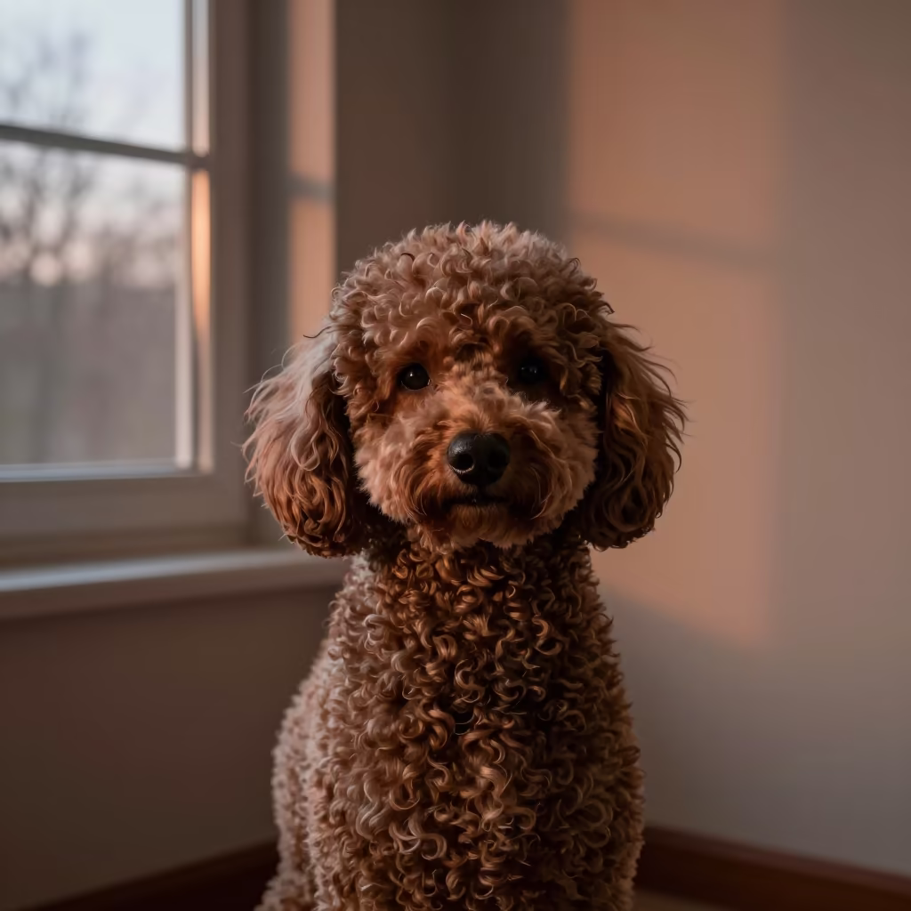 Poodle Portrait in Copper Light Before Dusk in in a quiet portrait studio with a plain backdrop and eye-level framing near Swansea