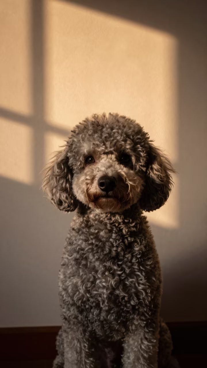 Poodle Portrait in Copper Window Light in beside a plain plaster wall in soft indoor light with the animal centered in frame in Ciudad Guayana