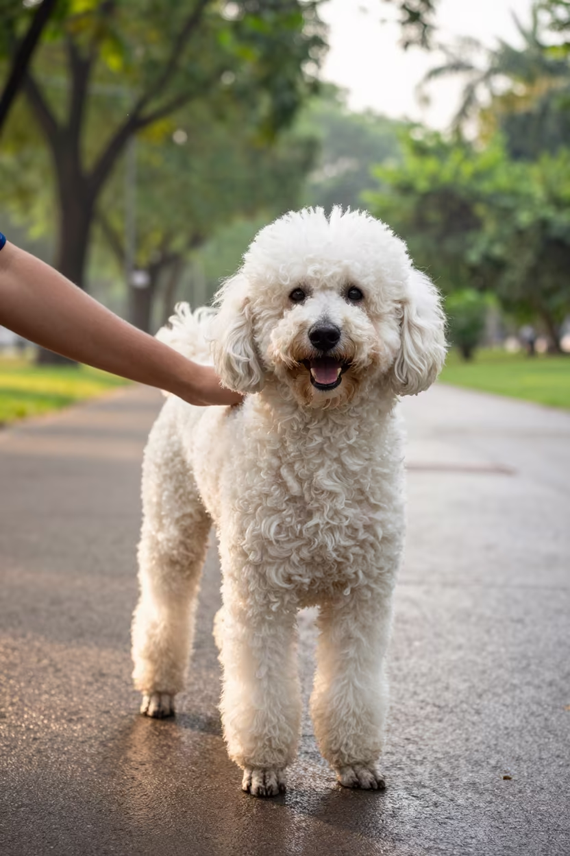 Poodle Portrait in Dhaka Park Late Afternoon in along a quiet park path with soft open shade and a clean background near Banani, Dhaka