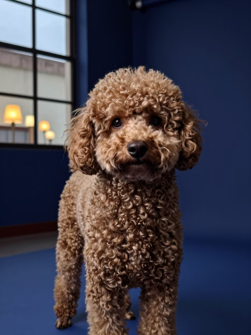 Poodle Portrait in Dim Studio Light in in a quiet portrait studio with a plain backdrop and eye-level framing in Torreón