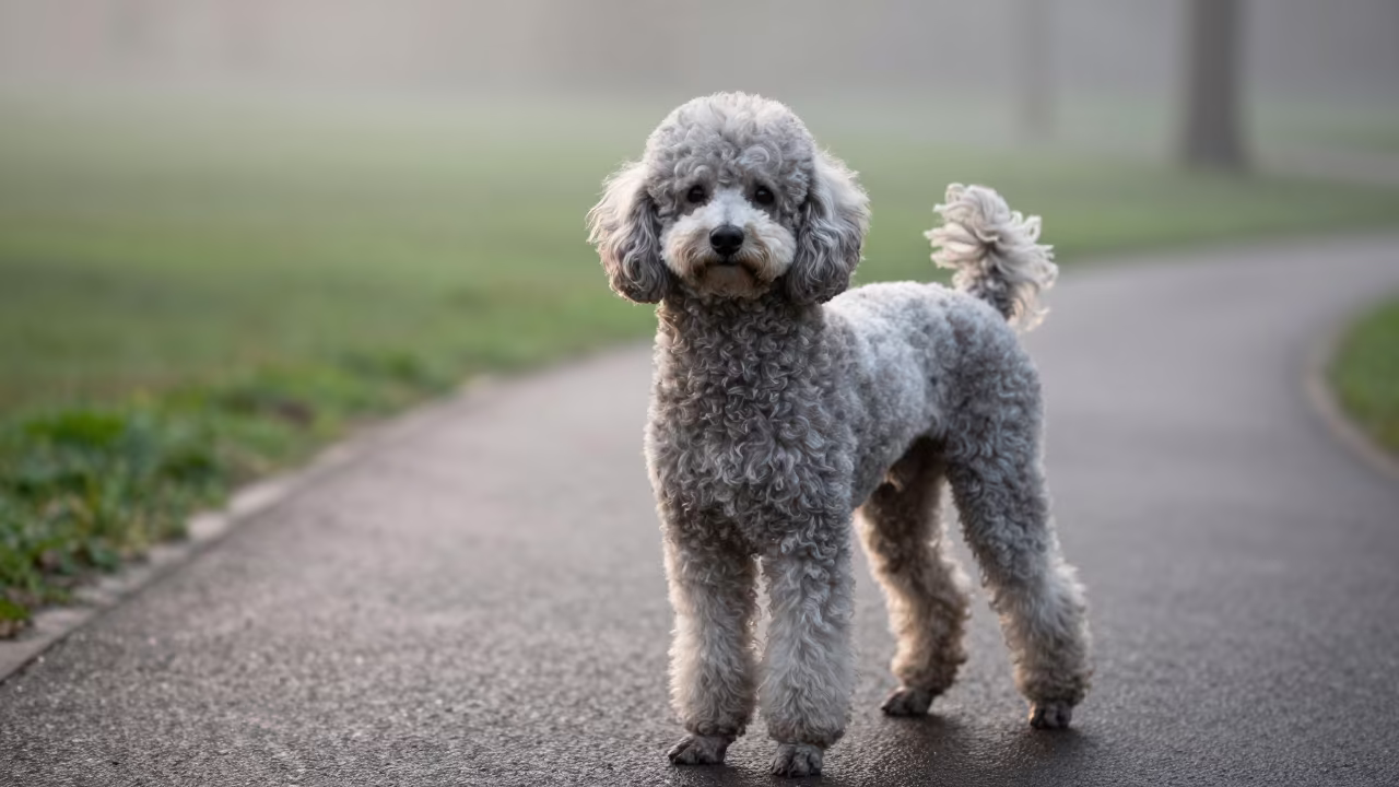 Poodle Portrait in Dodoma Monsoon Light in along a quiet park path with soft open shade and a clean background near Dodoma