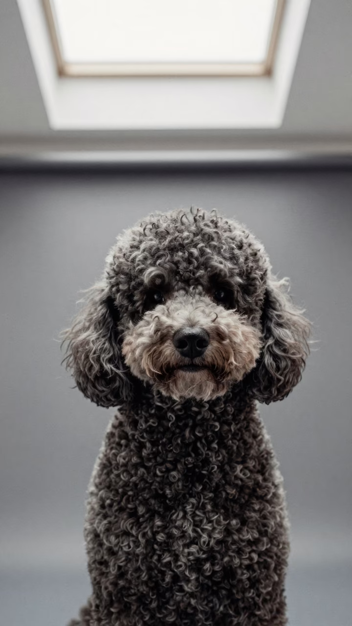 Poodle Portrait in Dresden Studio Skylight in in a quiet portrait studio with a plain backdrop and eye-level framing in Dresden