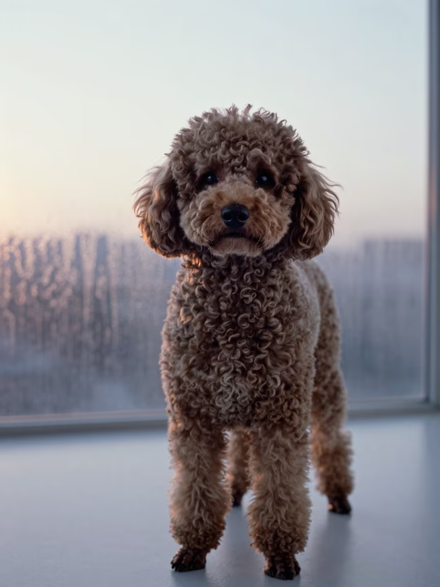 Poodle Portrait in Elche Studio Dawn Light in in a quiet portrait studio with a plain backdrop and eye-level framing in Elche