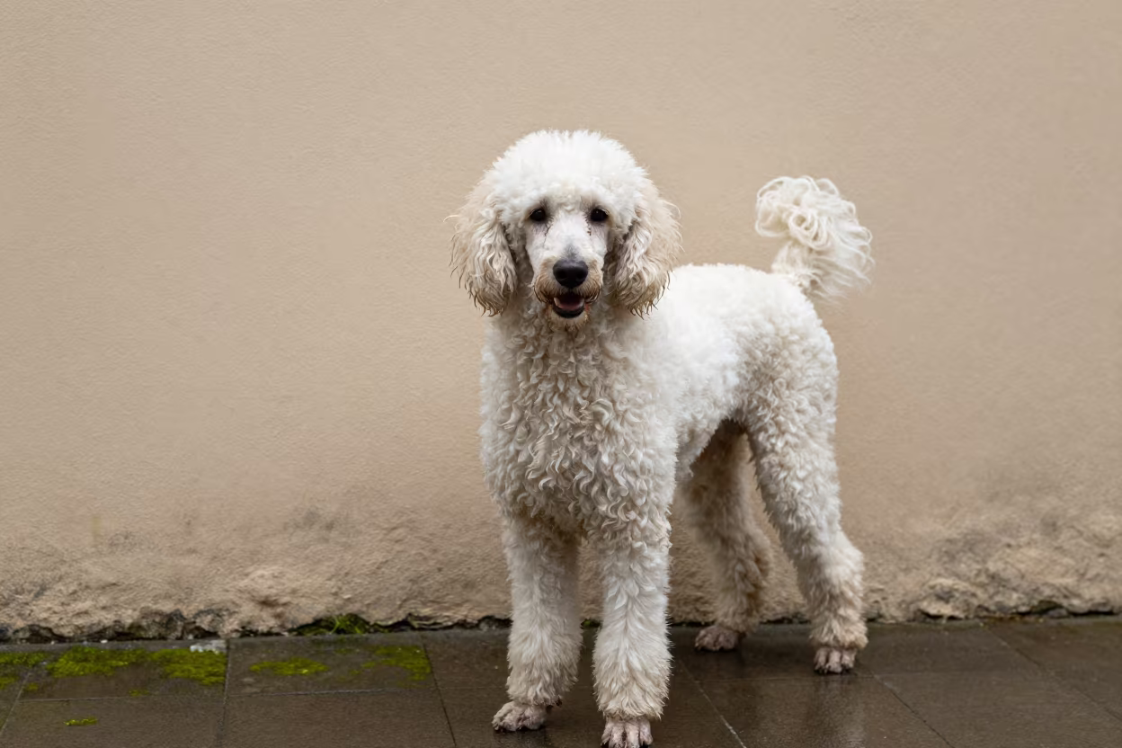 Poodle Portrait in Guayaquil Courtyard After Rain in beside a plain courtyard wall in clear daylight with the animal at eye level in Guayaquil
