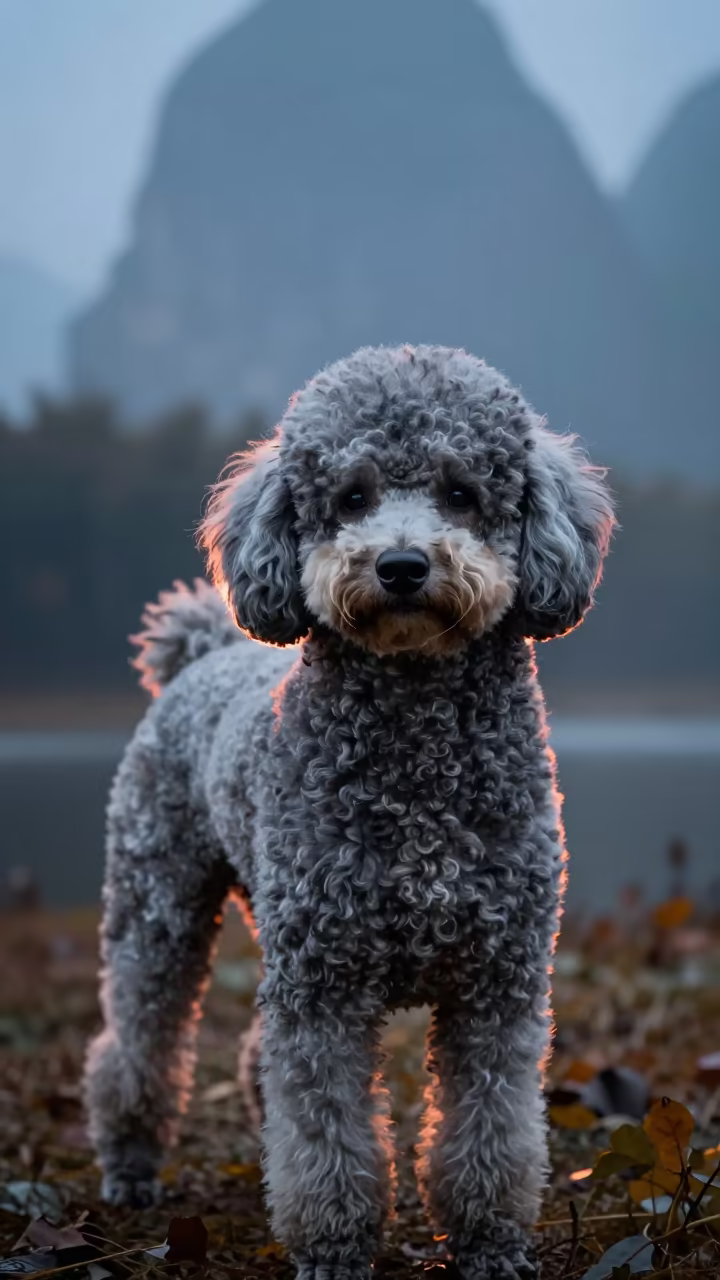 Poodle Portrait in Guilin Mist with Neon Edge Light in near a garden edge with soft morning light and an uncluttered background in Guilin