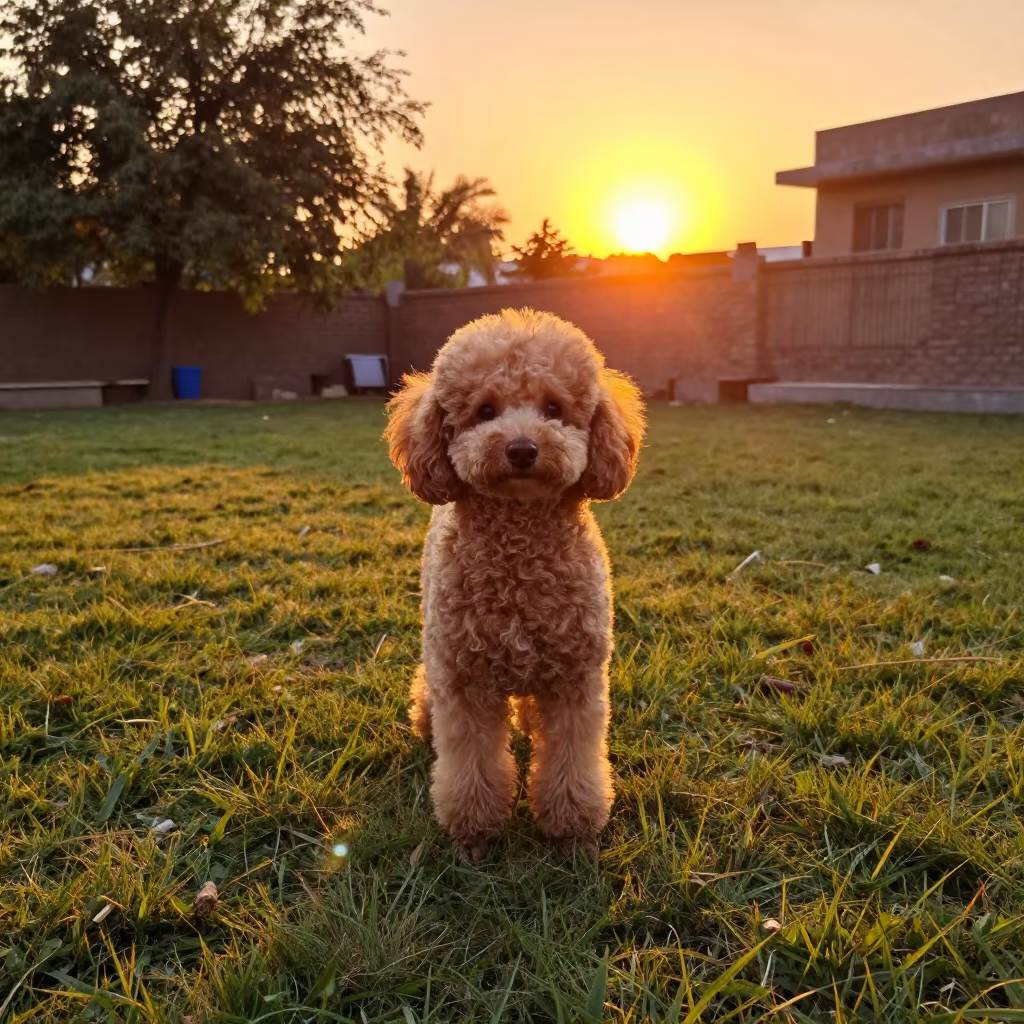 Poodle Portrait in Gujranwala Garden Evening Light in in a small yard with clipped grass, calm light, and the animal centered in frame in Gujranwala