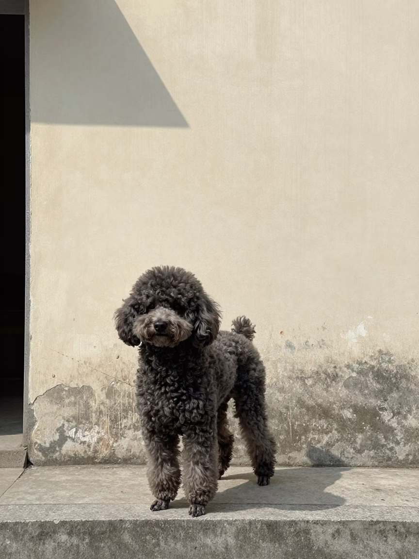 Poodle Portrait in Hefei Courtyard in beside a plain courtyard wall in clear daylight with the animal at eye level in Hefei