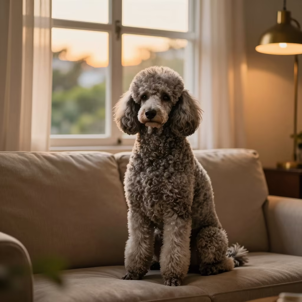 Poodle Portrait in Honey Window Light Near Belo Horizonte in on a sofa near a curtained window with calm indoor light near Belo Horizonte