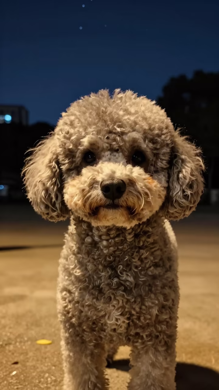 Poodle Portrait in Hongkou Yard at Midnight in in a small yard with clipped grass, calm light, and the animal centered in frame in Hongkou, Shanghai