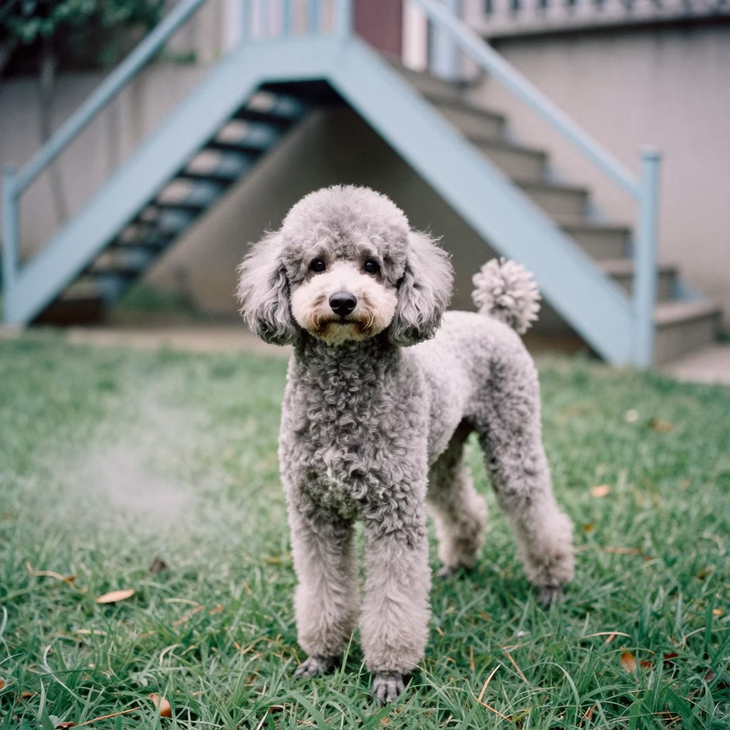 Poodle Portrait in Hsinchu Yard with Soft Morning Light in in a small yard with clipped grass, calm light, and the animal centered in frame in Hsinchu