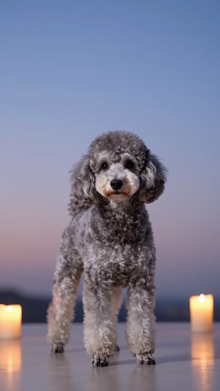 Poodle Portrait in Ilorin Studio at Blue Hour in in a quiet portrait studio with a plain backdrop and eye-level framing in Ilorin