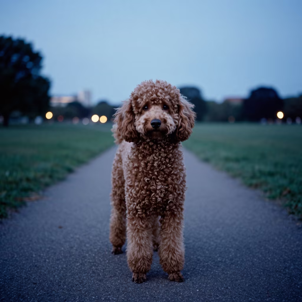 Poodle Portrait in Ipswich Twilight Blue Hour in along a quiet park path with soft open shade and a clean background in Ipswich
