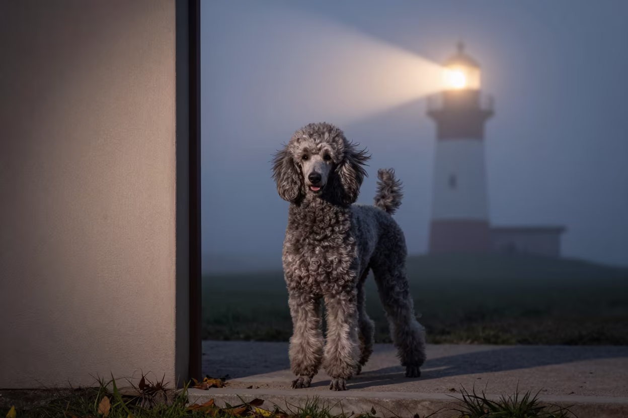 Poodle Portrait in İzmit Courtyard Mist in beside a plain courtyard wall in clear daylight with the animal at eye level in İzmit