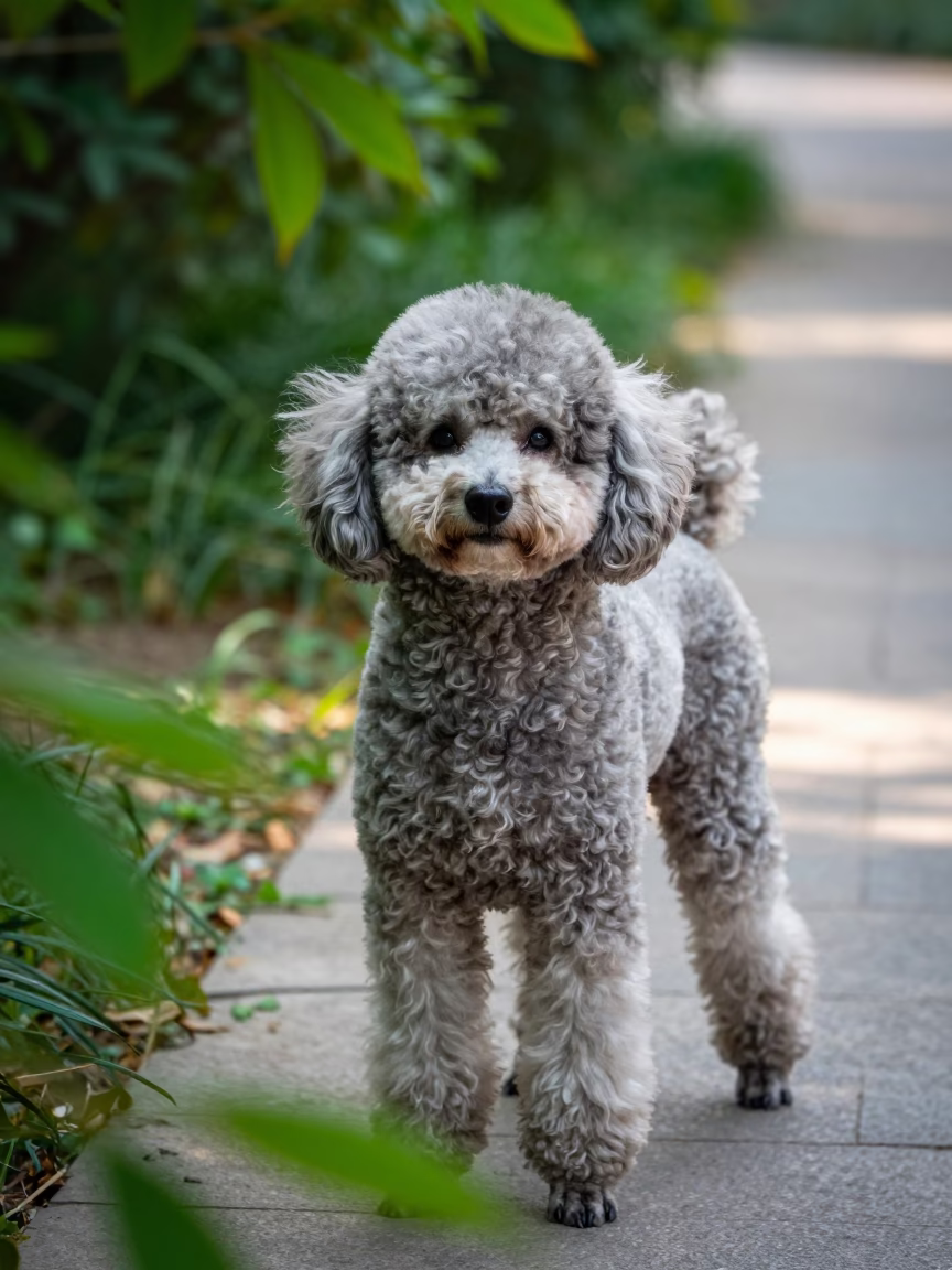 Poodle Portrait in Jinan Park Open Shade in along a quiet park path with soft open shade and a clean background near Jinan