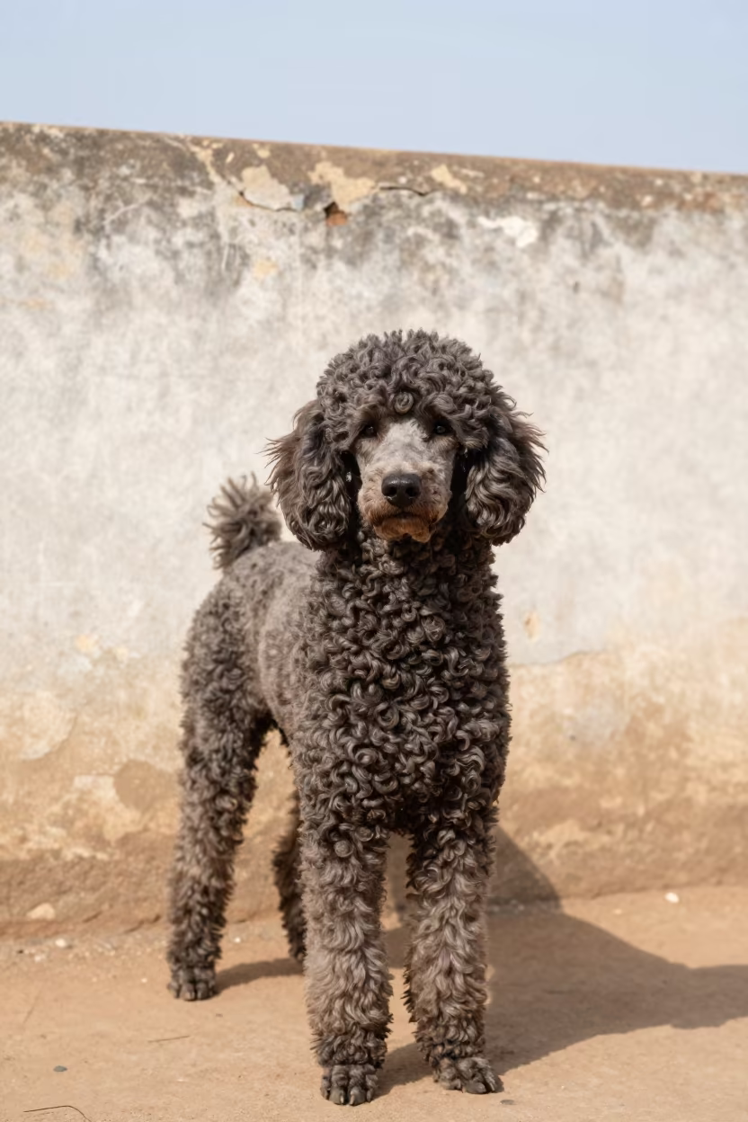 Poodle Portrait in Jinja Courtyard Midday Light in beside a plain courtyard wall in clear daylight with the animal at eye level in Jinja
