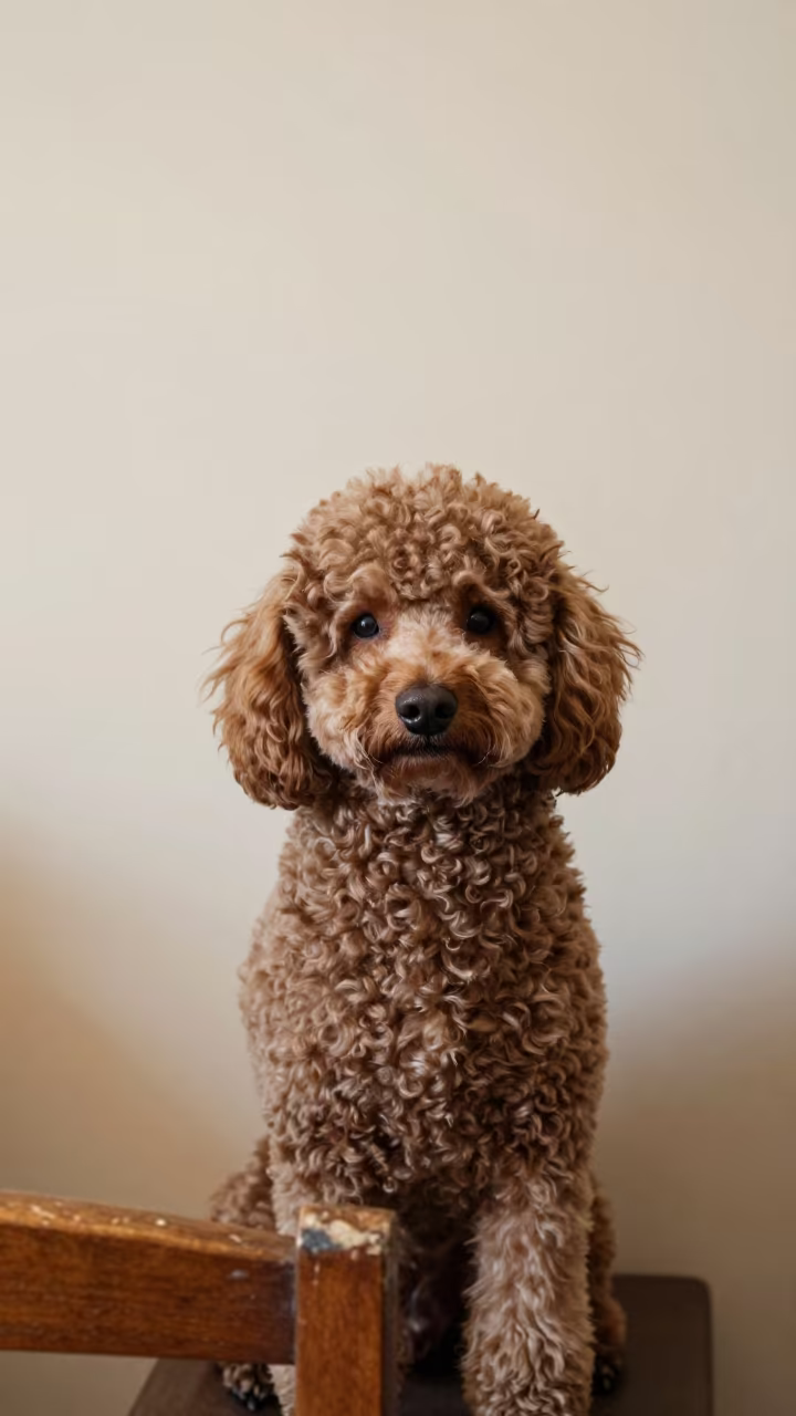 Poodle Portrait in Kafr el-Dawwar Soft Light in beside a plain plaster wall in soft indoor light with the animal centered in frame in Kafr el-Dawwar