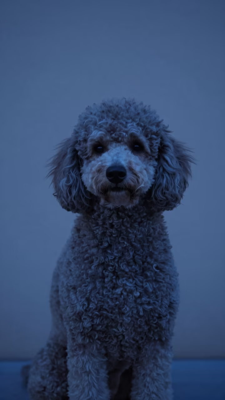 Poodle Portrait in Karbala Courtyard Twilight in beside a plain courtyard wall in clear daylight with the animal at eye level in Karbala