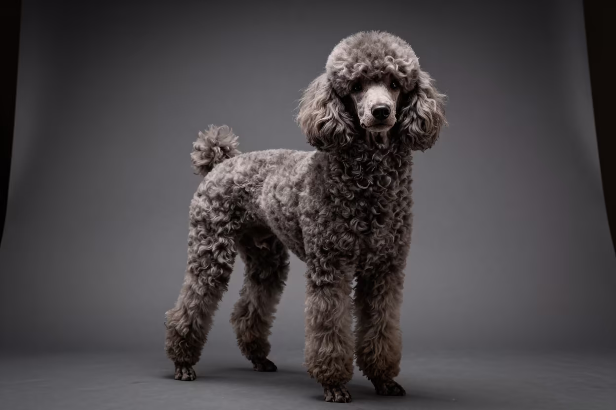 Poodle Portrait in Luxor Studio Neon Light in in a quiet portrait studio with a plain backdrop and eye-level framing in Luxor