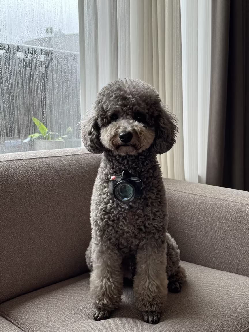 Poodle Portrait in Maracay Morning Window Light in on a sofa near a curtained window with calm indoor light in Maracay