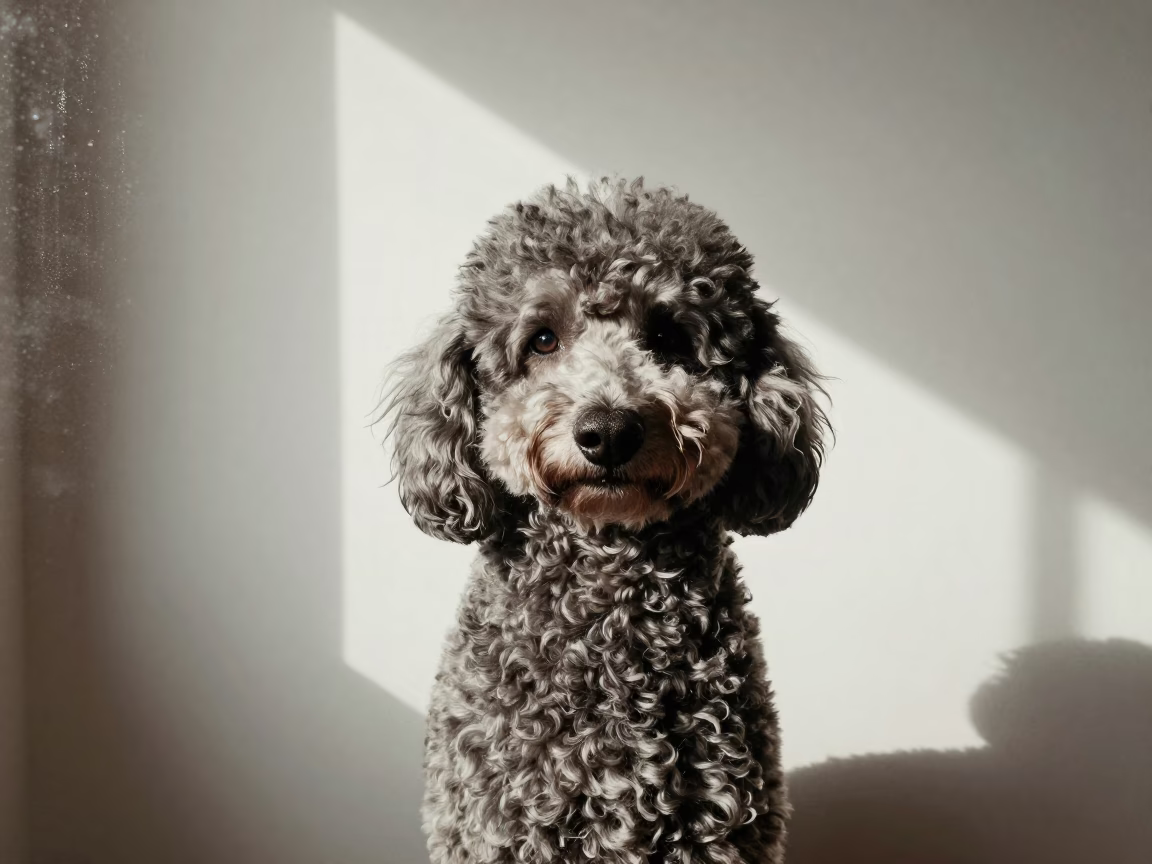 Poodle Portrait in Mascara Studio in in a quiet portrait studio with a plain backdrop and eye-level framing near Mascara
