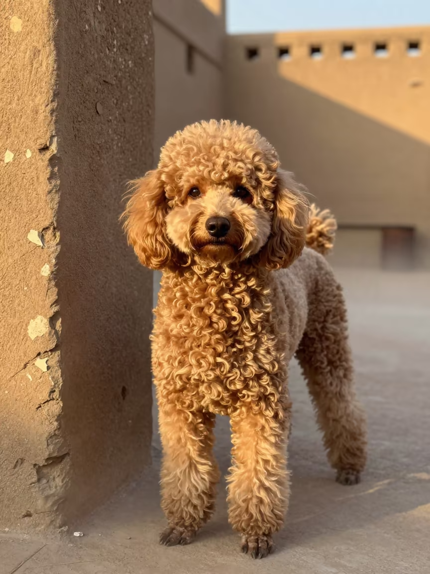 Poodle Portrait in Massarah Courtyard Evening Light in beside a plain courtyard wall in clear daylight with the animal at eye level in Massarah
