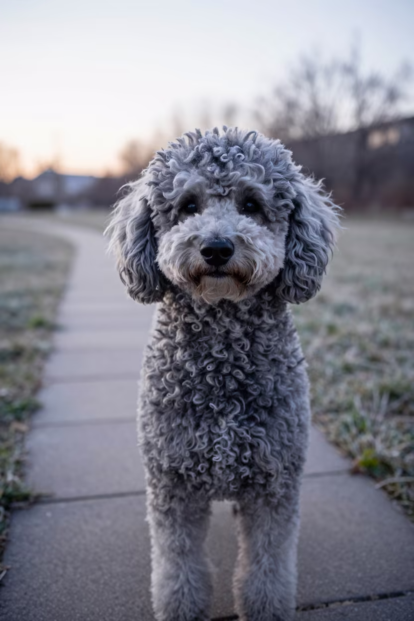 Poodle Portrait in Misty Dawn Light in along a quiet park path with soft open shade and a clean background near Ulaanbaatar