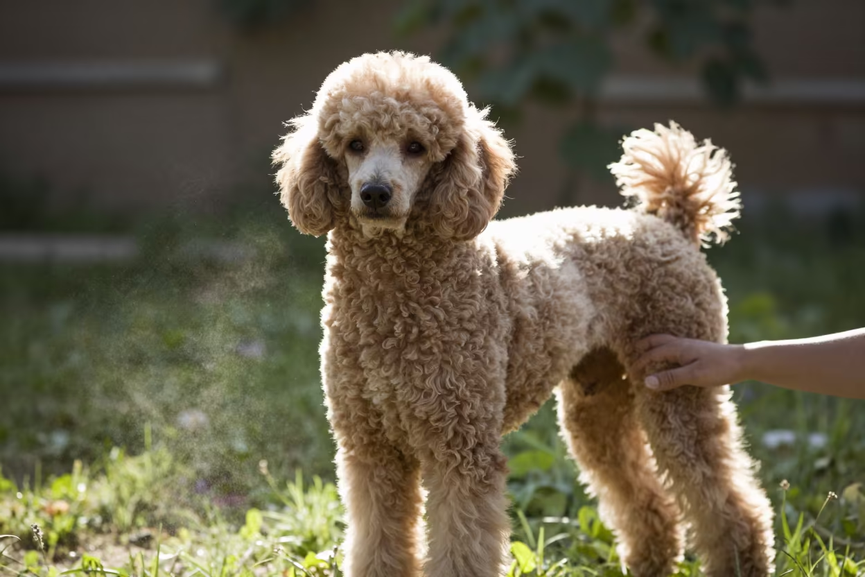 Poodle Portrait in Morning Garden Light Pul-e Khomri in near a garden edge with soft morning light and an uncluttered background near Pul-e Khomri