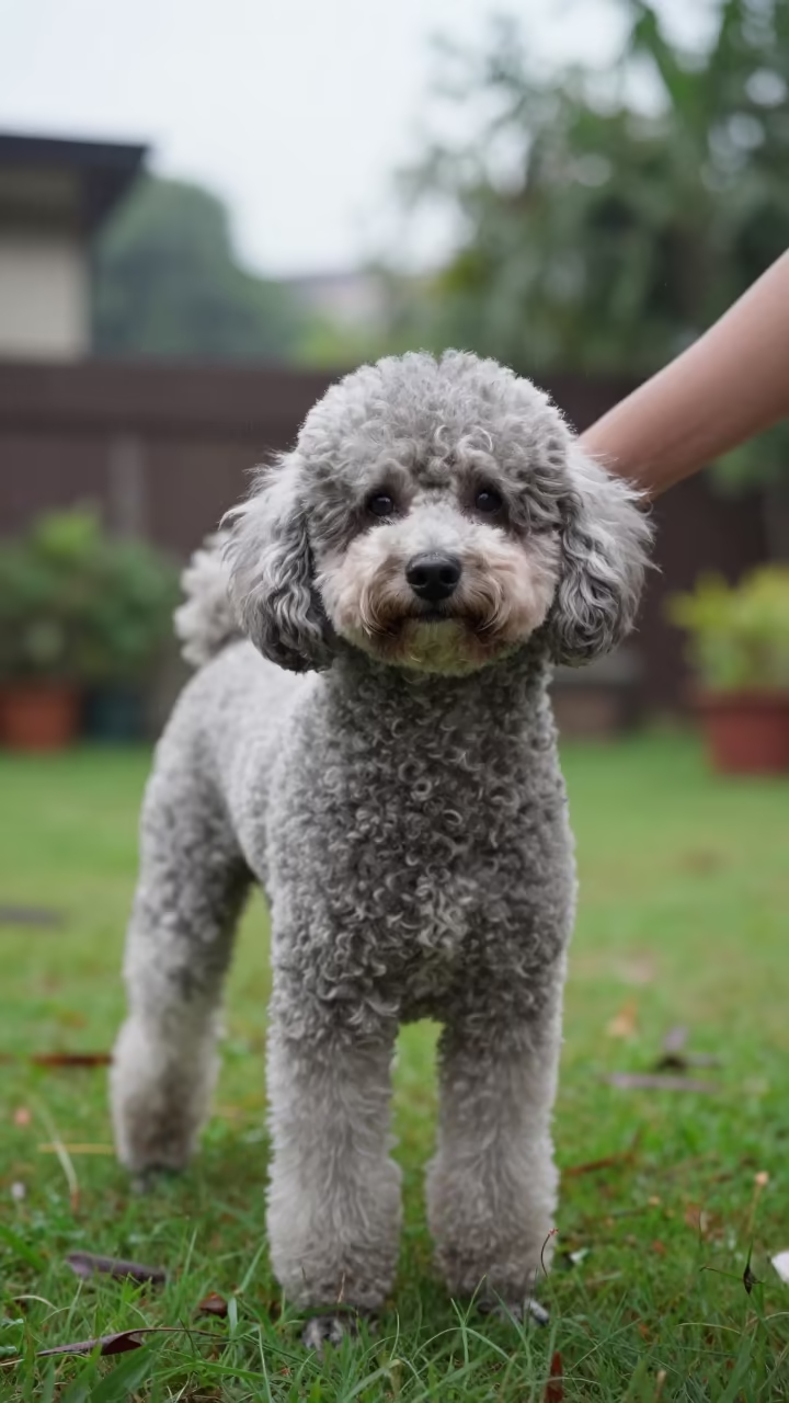 Poodle Portrait in Navi Mumbai Yard in in a small yard with clipped grass, calm light, and the animal centered in frame in Navi Mumbai