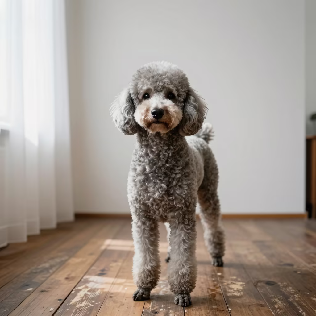 Poodle Portrait in Quiet Baku Studio in in a quiet portrait studio with a plain backdrop and eye-level framing near Baku