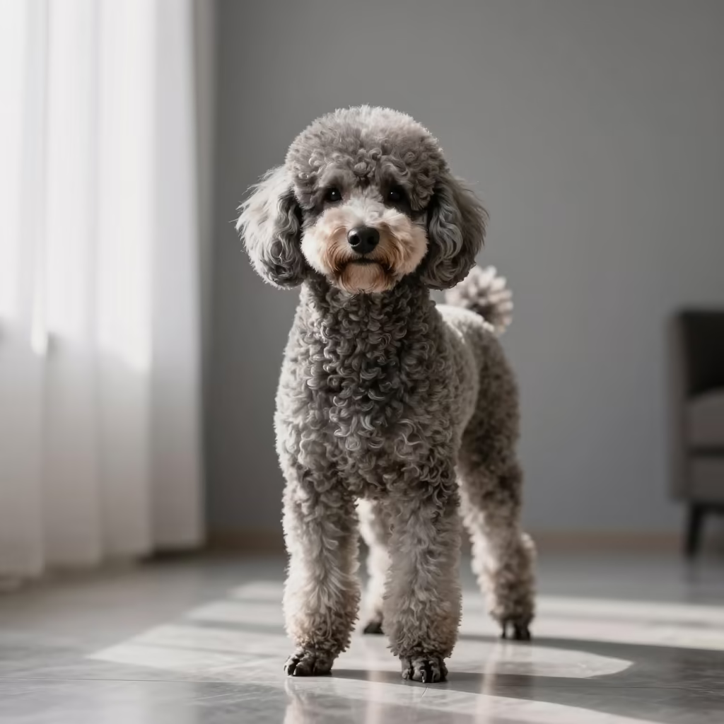 Poodle Portrait in Quiet Sulaymaniyah Studio in in a quiet portrait studio with a plain backdrop and eye-level framing near Sulaymaniyah