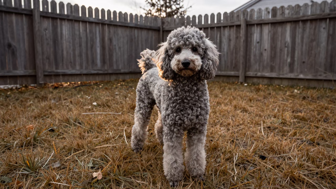 Poodle Portrait in Rovaniemi Late Autumn Yard in in a small yard with clipped grass, calm light, and the animal centered in frame in Rovaniemi