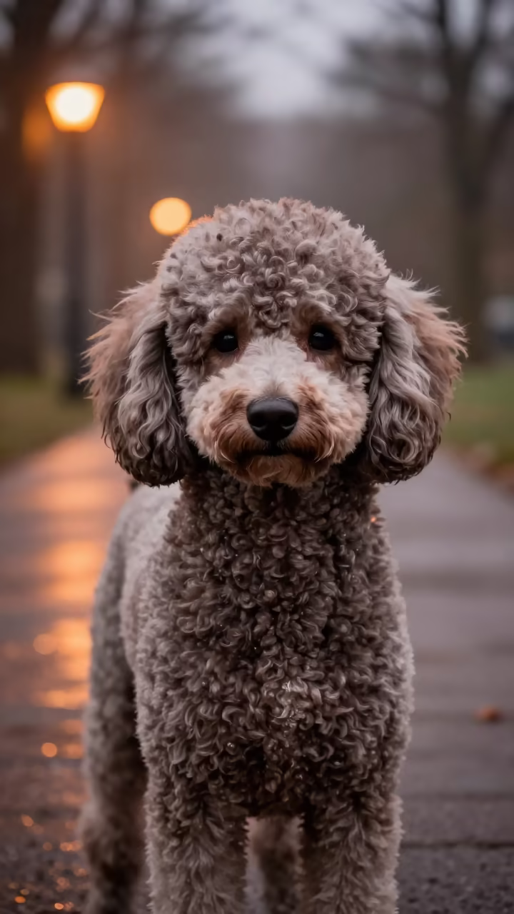 Poodle Portrait in Saint-Marc Park Dusk Light in along a quiet park path with soft open shade and a clean background near Saint-Marc