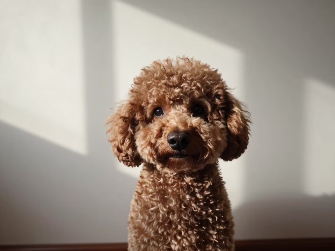 Poodle Portrait in Soft Dhaka Morning Light in beside a plain plaster wall in soft indoor light with the animal centered in frame in Old Dhaka, Dhaka