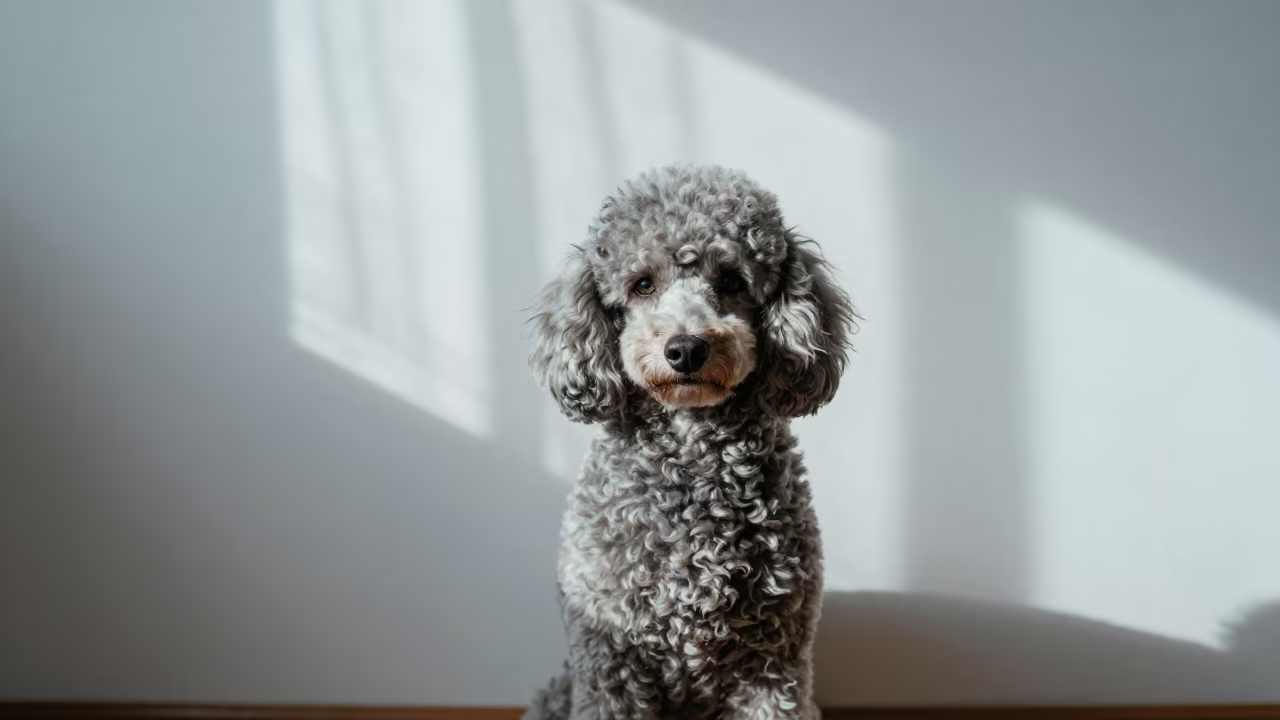 Poodle Portrait in Soft Morning Light Cúcuta in beside a plain plaster wall in soft indoor light with the animal centered in frame in Cúcuta