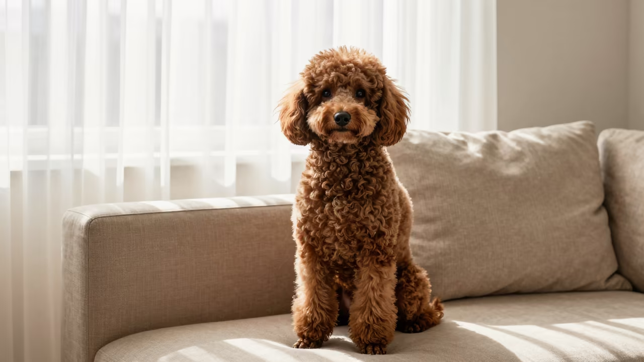 Poodle Portrait in Tabriz Living Room in on a sofa near a curtained window with calm indoor light in Tabriz