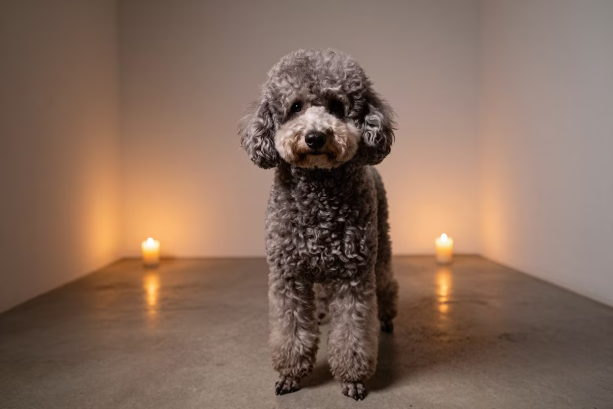 Poodle Portrait in Warm Studio Light Barcelona in in a quiet portrait studio with a plain backdrop and eye-level framing in Poble Sec, Barcelona