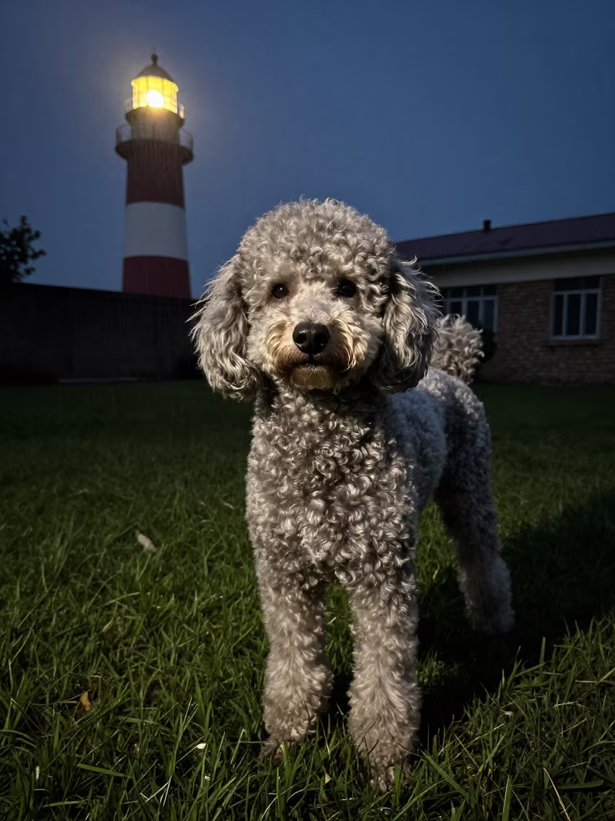 Poodle Portrait in Winter Drizzle Peshawar in in a small yard with clipped grass, calm light, and the animal centered in frame in Peshawar