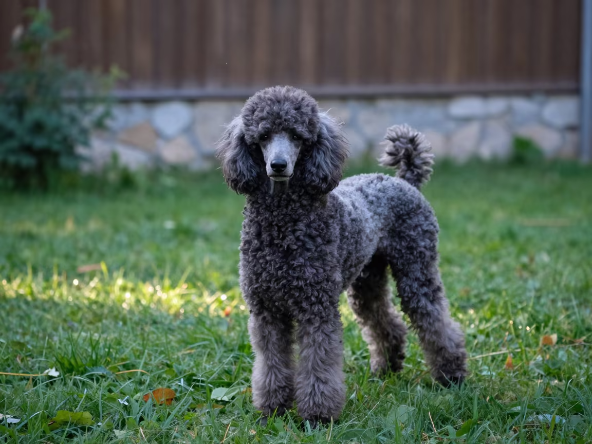 Poodle Portrait in Zagreb Yard Before Dawn in in a small yard with clipped grass, calm light, and the animal centered in frame in Zagreb