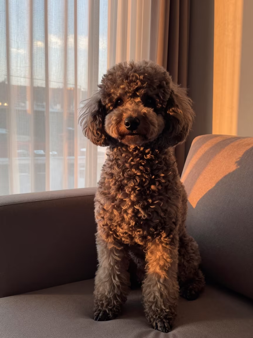 Poodle Portrait Near Bogota Window in on a sofa near a curtained window with calm indoor light near La Macarena, Bogota