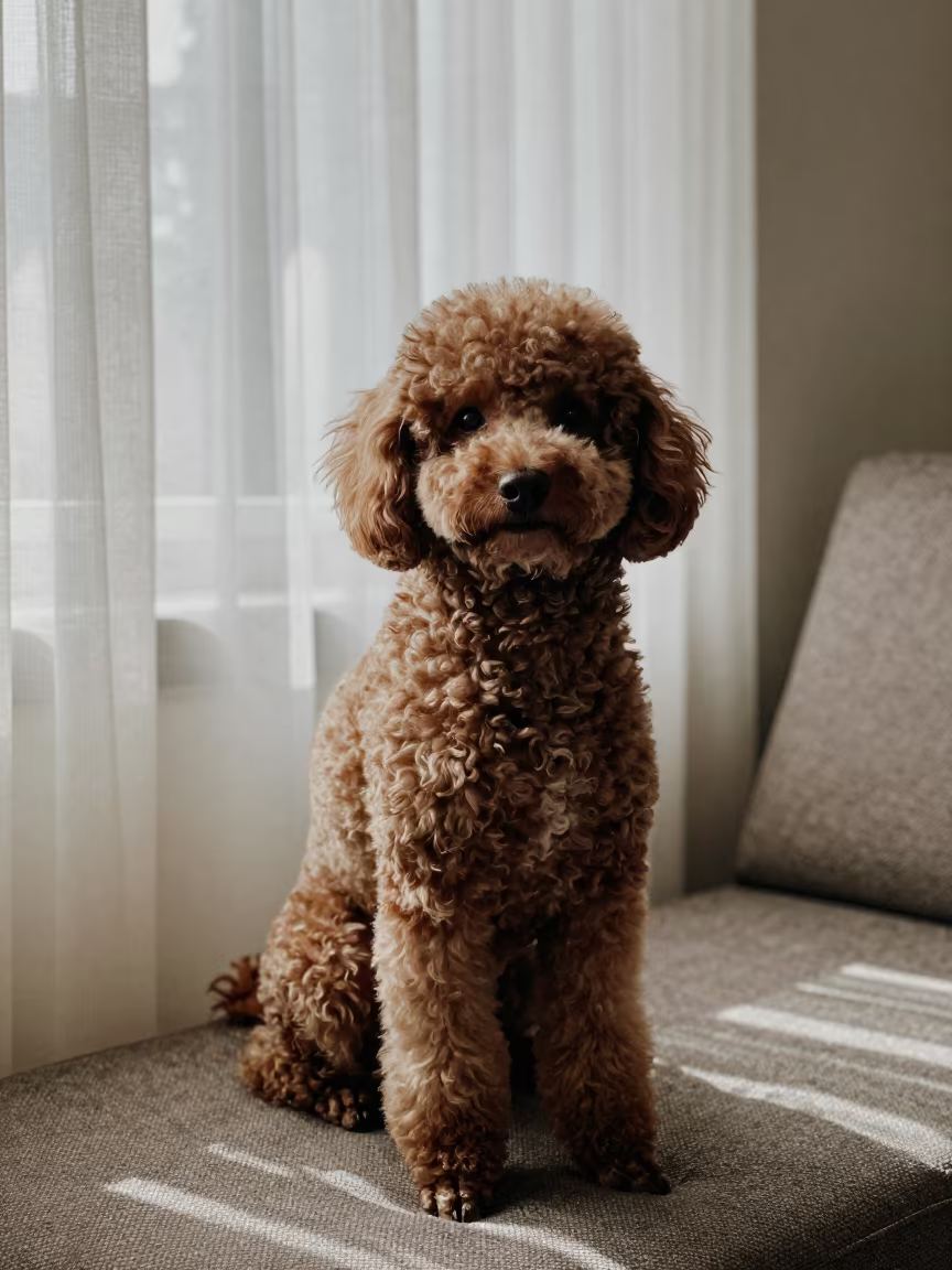 Poodle Portrait Near Curtained Window in Bangalore in on a sofa near a curtained window with calm indoor light near Bangalore
