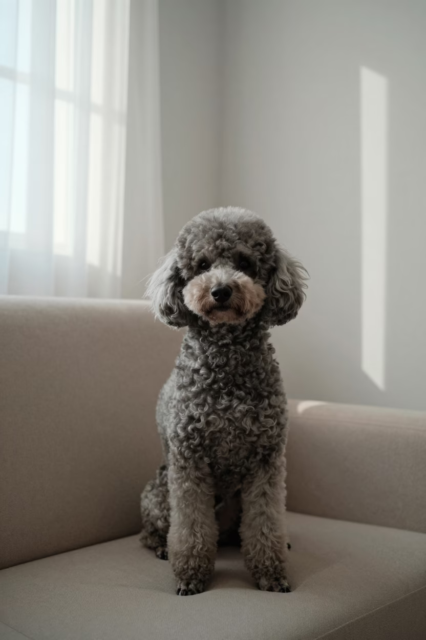 Poodle Portrait Near Curtained Window in Goiania Home in on a sofa near a curtained window with calm indoor light near Goiania