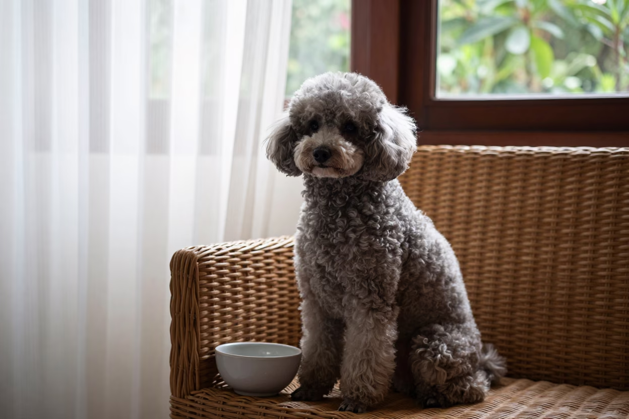 Poodle Portrait Near Curtained Window in Guadalajara in on a sofa near a curtained window with calm indoor light near Guadalajara