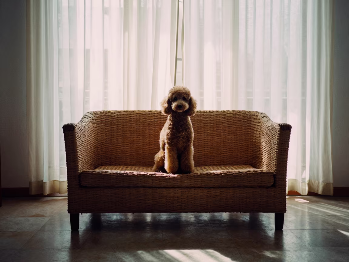 Poodle Portrait Near Curtained Window in on a sofa near a curtained window with calm indoor light near Aguascalientes