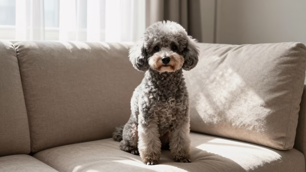 Poodle Portrait Near Seoul Window Noon Light in on a sofa near a curtained window with calm indoor light in Ikseon-dong, Seoul
