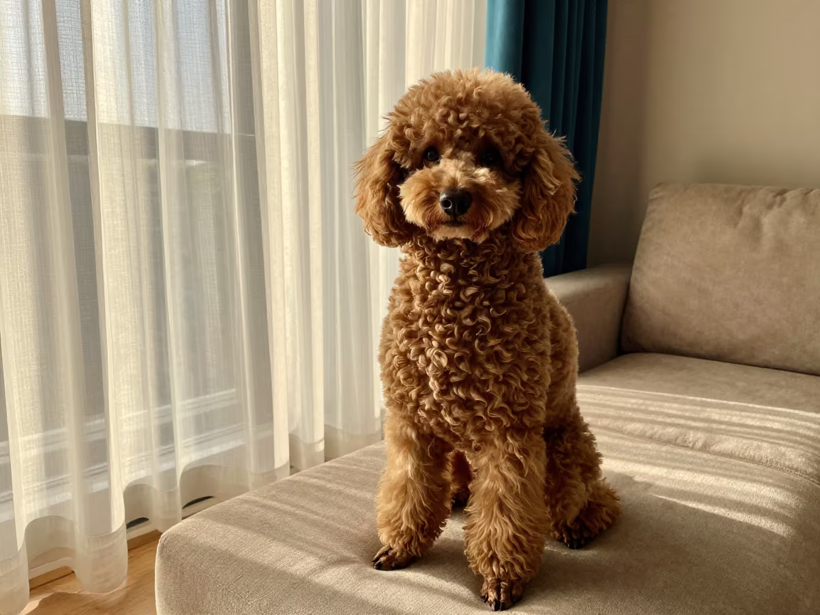 Poodle Portrait Near Window in Bursa Home in on a sofa near a curtained window with calm indoor light in Bursa
