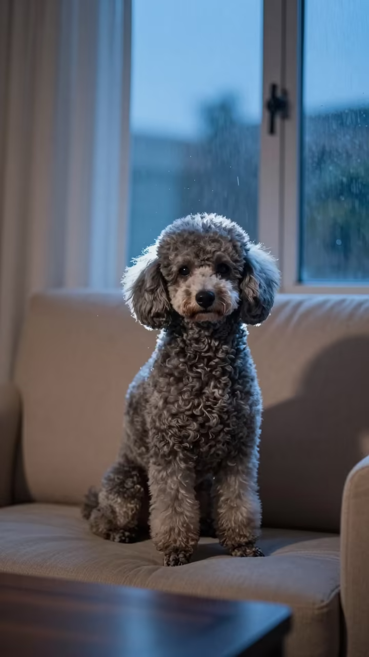 Poodle Portrait Near Window in Nouadhibou Twilight in on a sofa near a curtained window with calm indoor light near Nouadhibou