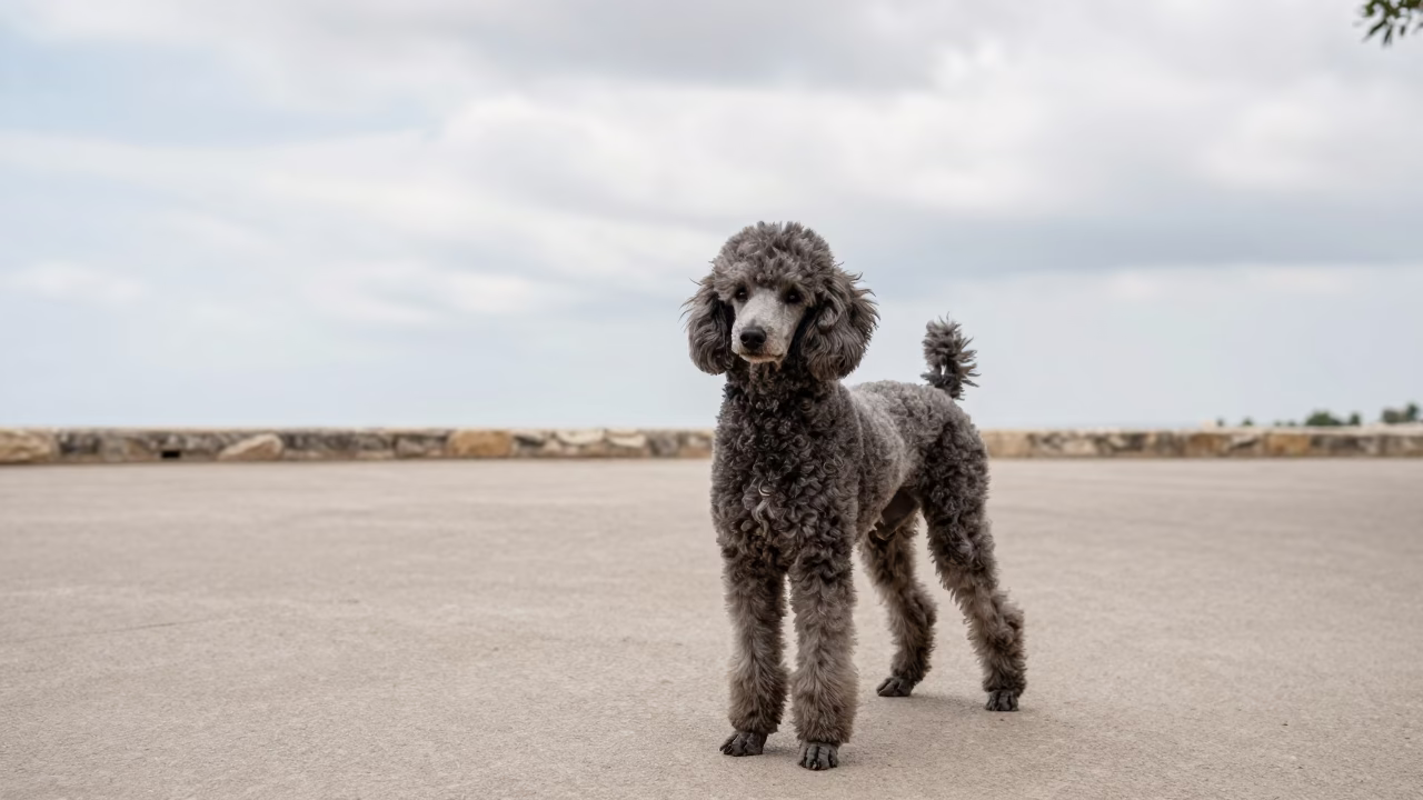 Poodle Portrait on Beirut Park Path in Soft Shade in along a quiet park path with soft open shade and a clean background in Beirut