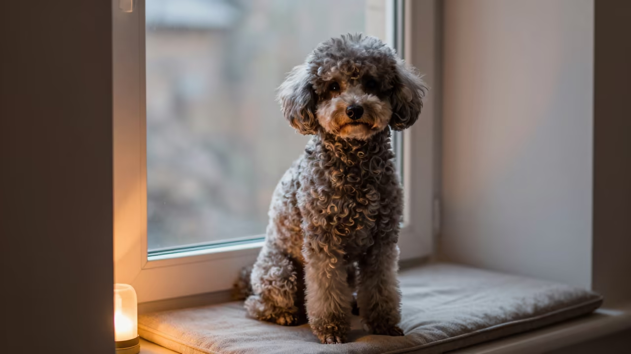 Poodle Portrait on Cushioned Window Seat Near Mekele in on a cushioned window seat with soft side light and an uncluttered background near Mekele