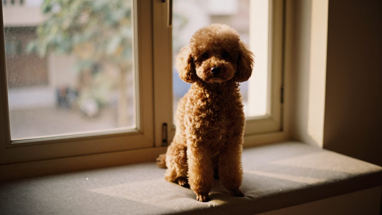 Poodle Portrait on Gurgaon Window Seat Evening Light in on a cushioned window seat with soft side light and an uncluttered background in Gurgaon